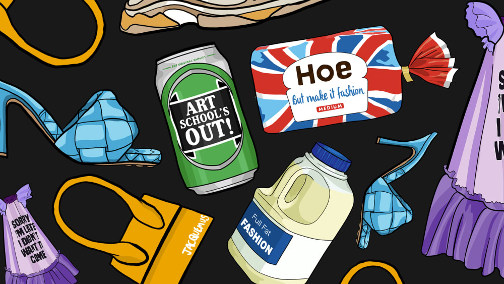 Illustrations of food and clothing items