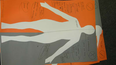 Graphic of the outline of a body against orange and grey background