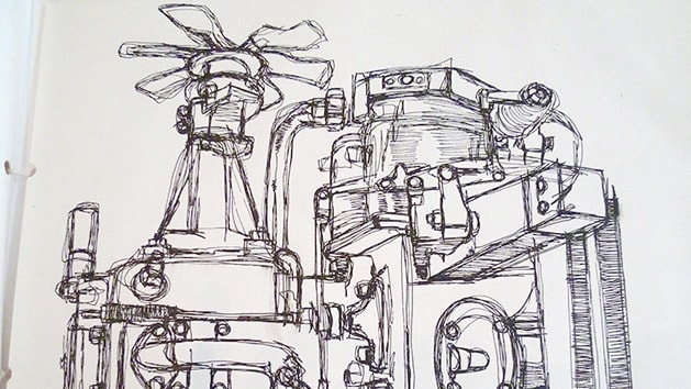 Biro drawing of a mechanical structure