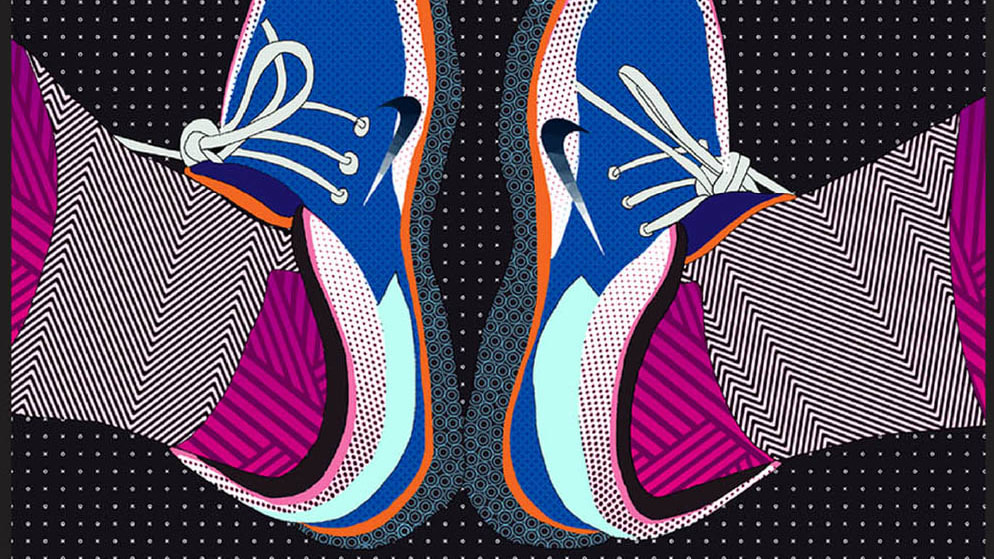 An illustration of a pair of ankles in highly patterned Nike trainers.