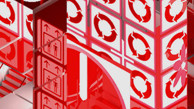 Detail of a video game, a complex interior made up of red and white blocks, flights of stairs and signposts.