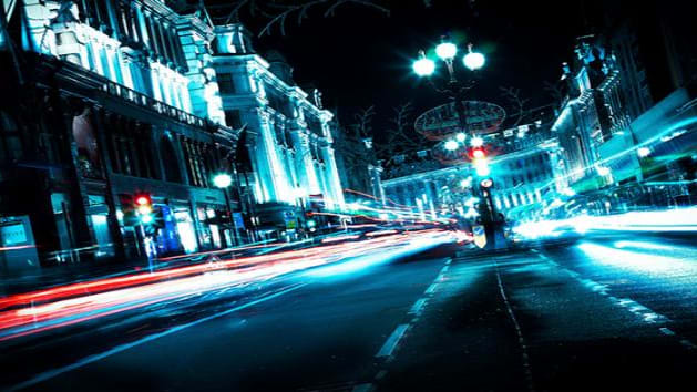 Blurred lights on a busy road at night