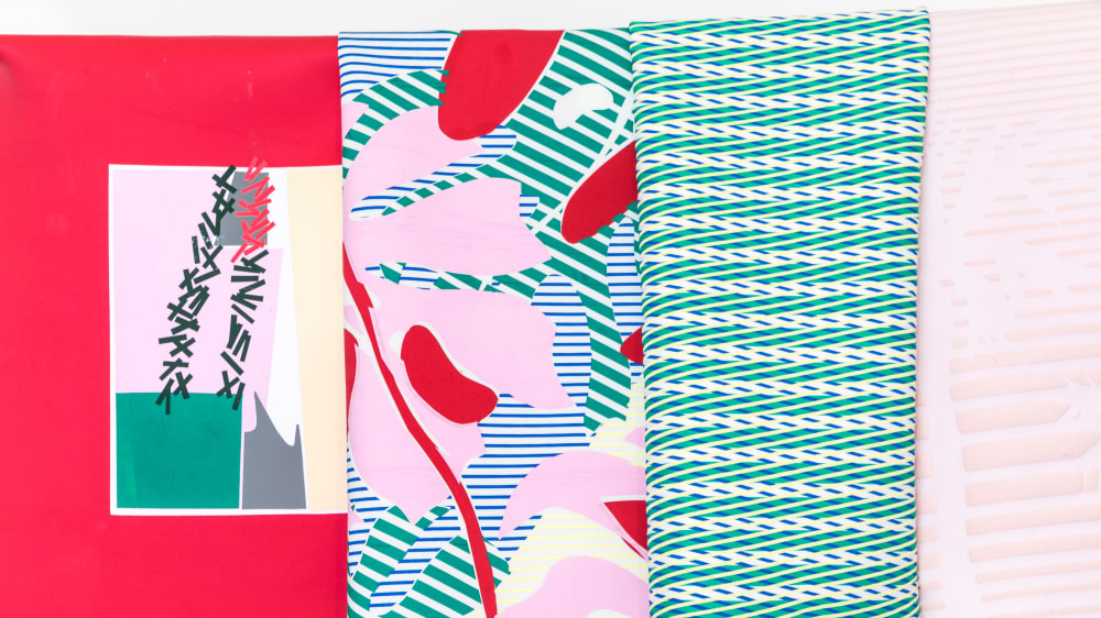 Close up of colourful textiles by Sally Cheung