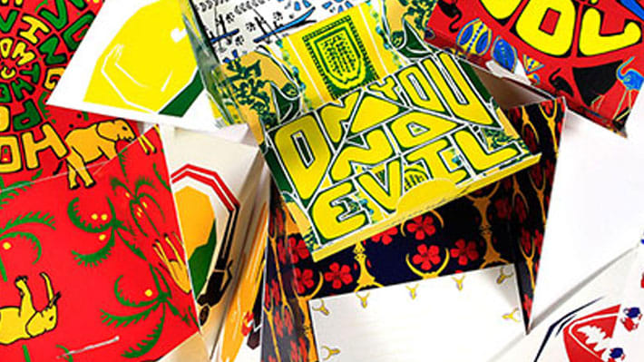 Collection of brightly coloured red and yellow graphics