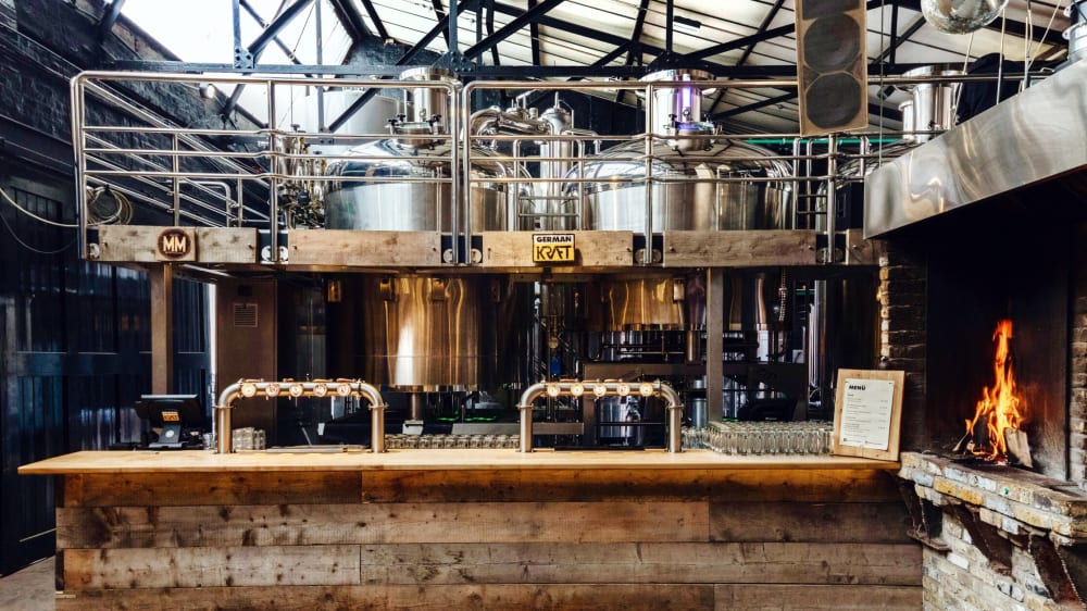 Interior view of a craft brewery.