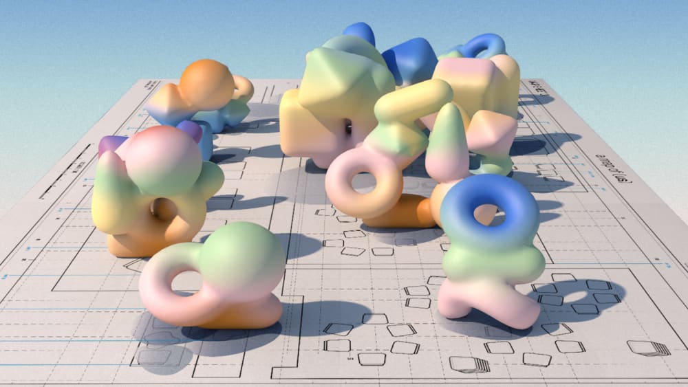 Pastel coloured 3D geometric shapes 