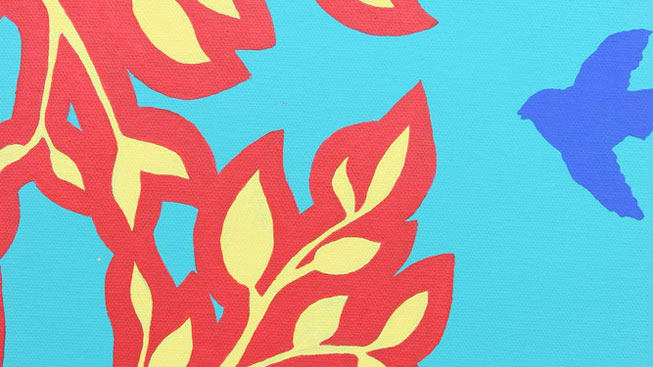 Red and pale yellow flower graphic on a blue background
