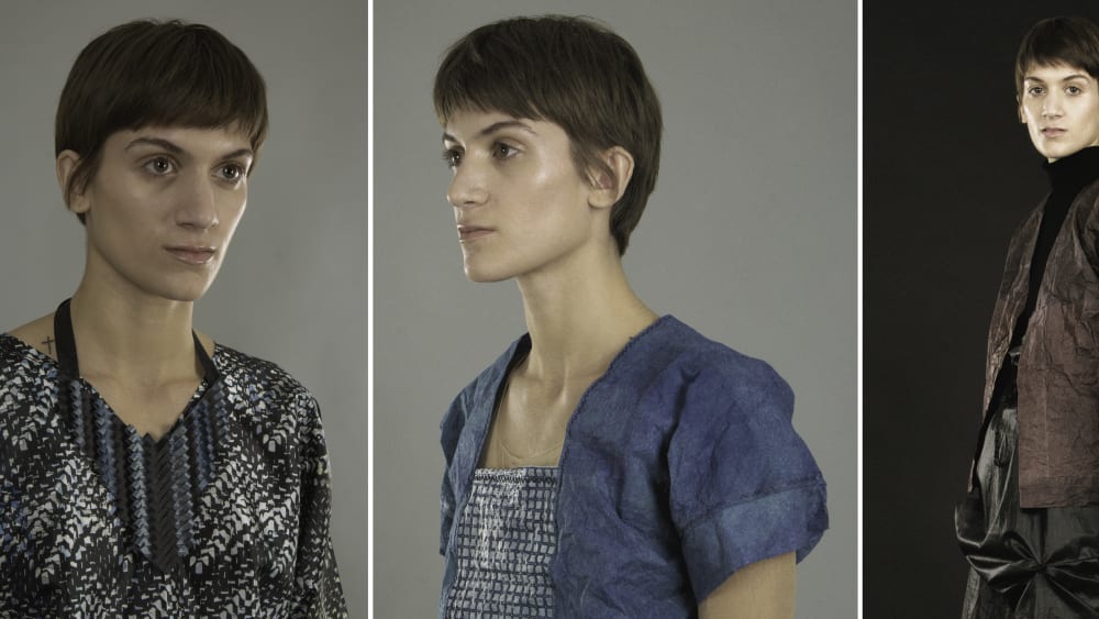 Three images of model wearing various materials