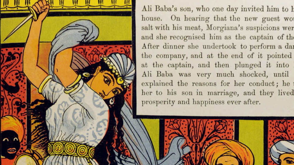 Image of a woman with long dark hair wearing a dress holding a knife above her head next to a passage of text about Ali Baba.