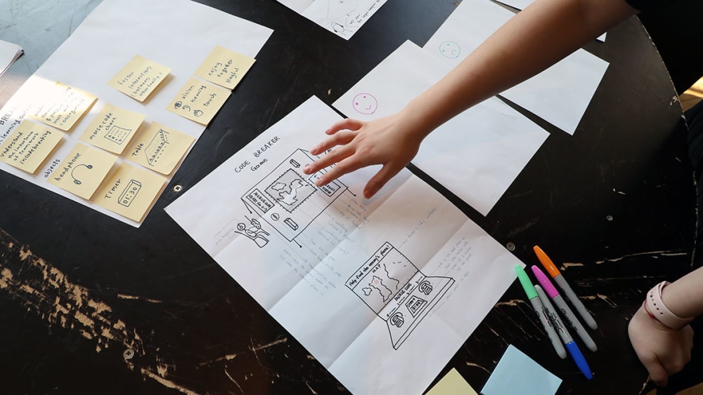 A table is filled with post-it notes, Sharpie pens and plans for a project titled: 'Code Breaker'