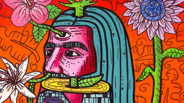 Brightly coloured painting of a man with long hair surrounded by flowers