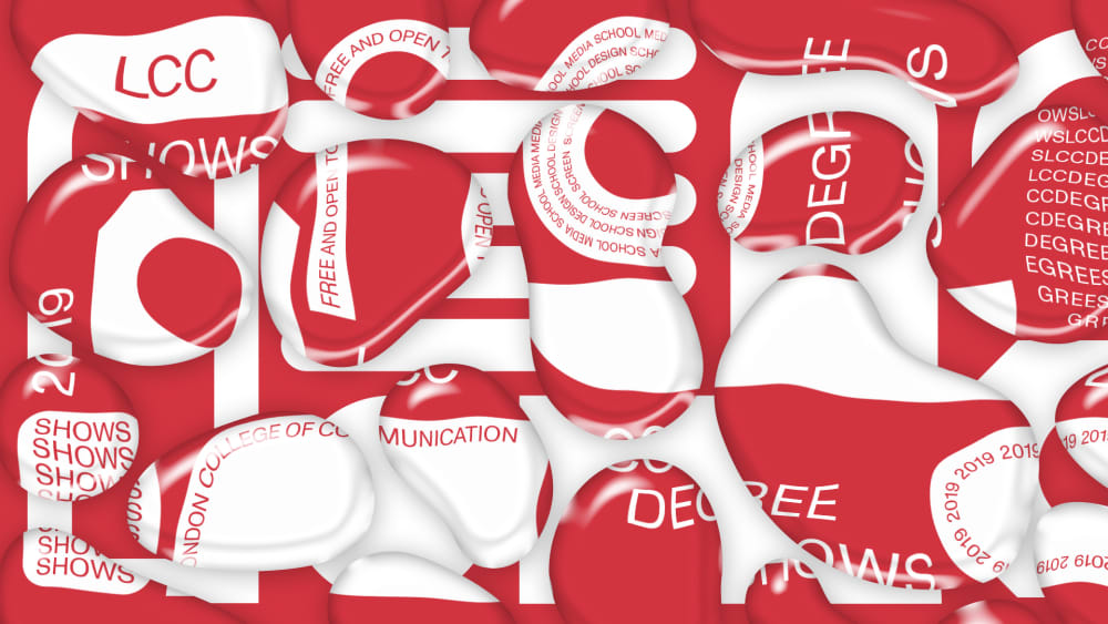 red banner with white text advertising LCC Degree Shows