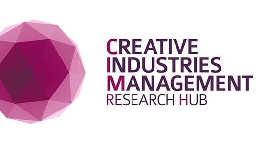 A purple sphere icon made up of triangles, next to text reading: Creative Industries Management Research Hub