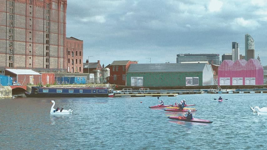 An illustration of a body of water next to industrial buildings