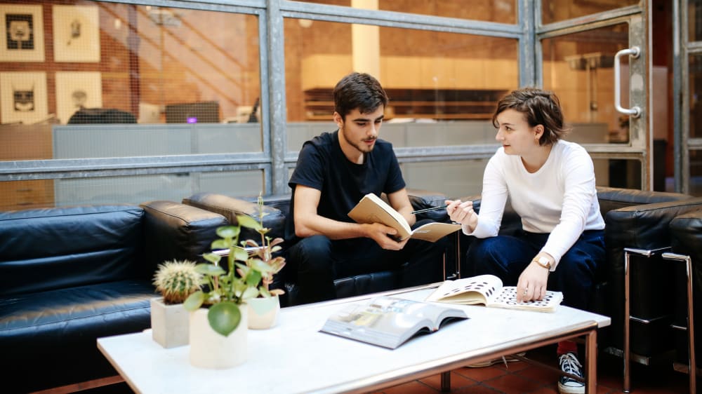 Miguel Desport and Marion Bisserier, BA Graphic and Media Design students, London College of Communication, interning at Pentagram