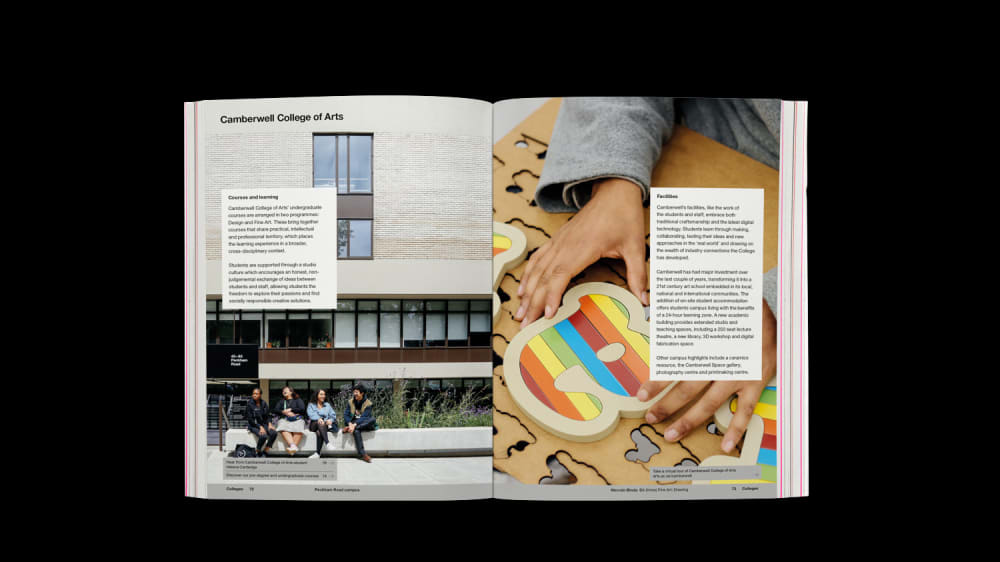 Mock-up of the 'Camberwell College of Arts' spread for the UAL prospectus