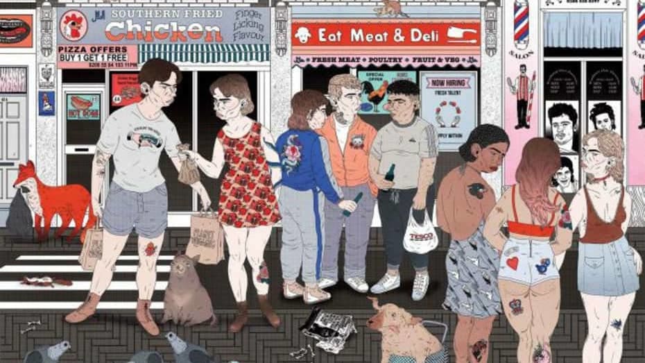 An illustration of people stood on a busy London street