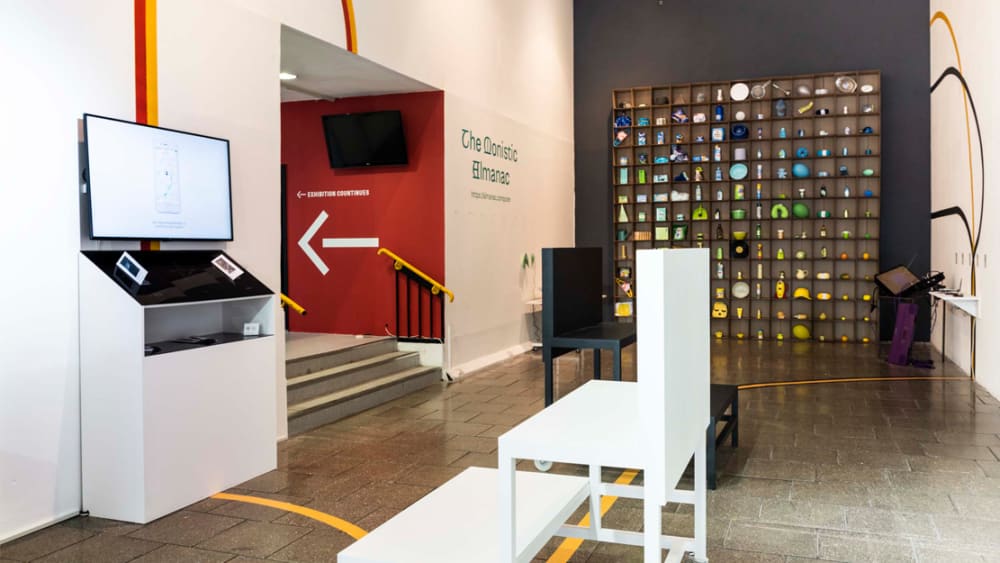 Image of a LCC gallery space with installations on the wall and floor