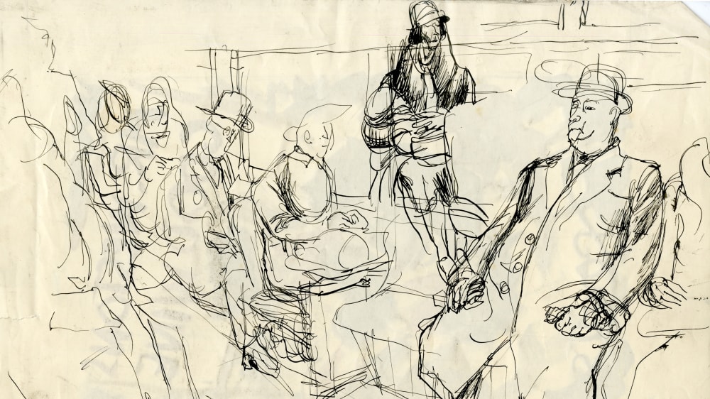 A sketch of people on a bus