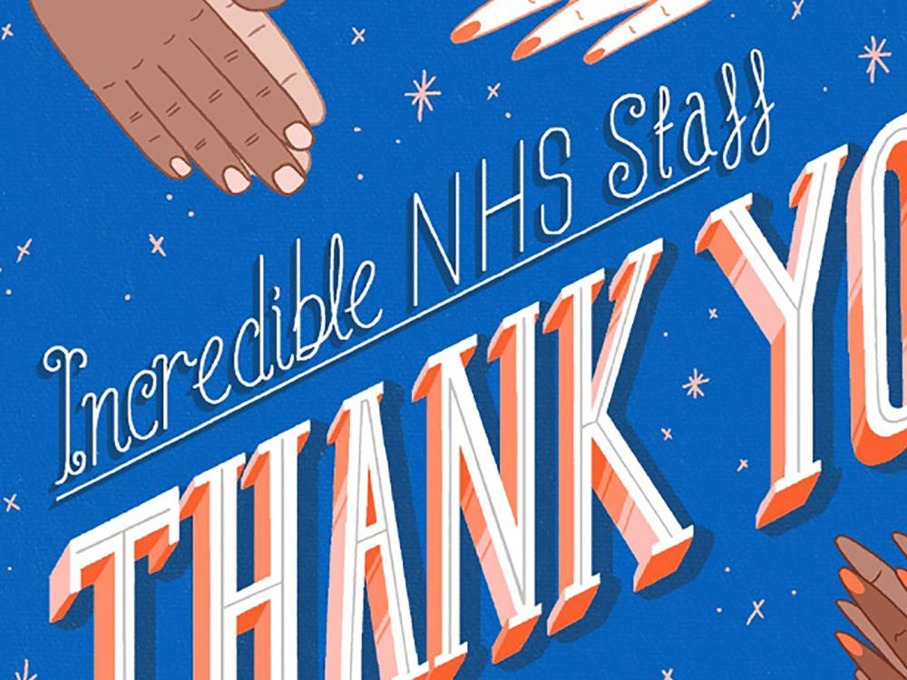 A graphic poster with the words thank you in the centre in bold retro font with four sets of clapping hands surrounding it