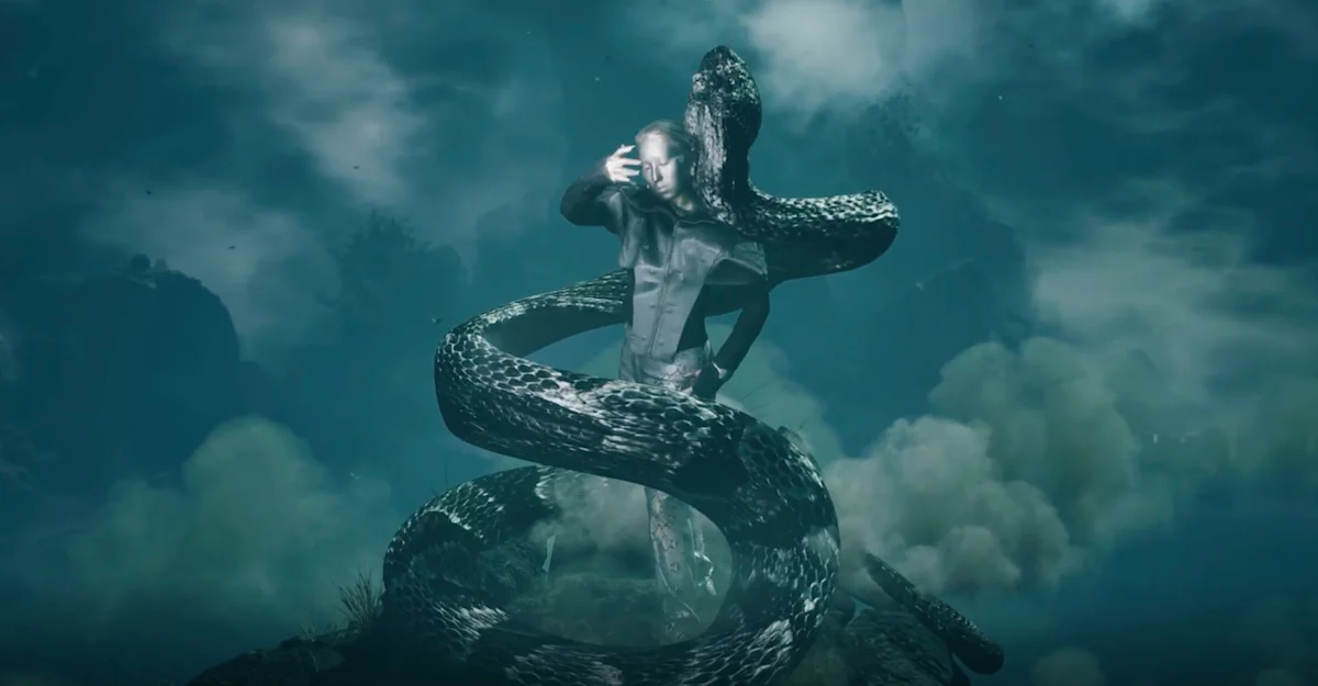 AI generated image of model in clouds surrounded by a large snake.