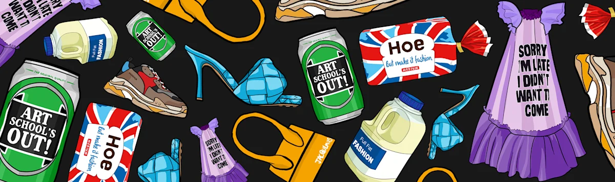 Illustrations of food and clothing items