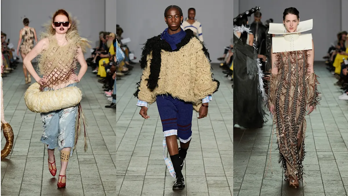Four portrait shots of models in colourful, structural knitwear-based garments on the catwalk. Their images are combined into a single collage.