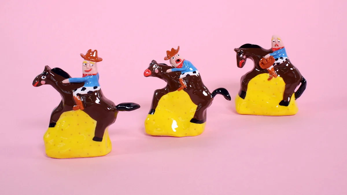Colourful ceramic cowboys on horses by Naomi Anderson-Subryan.