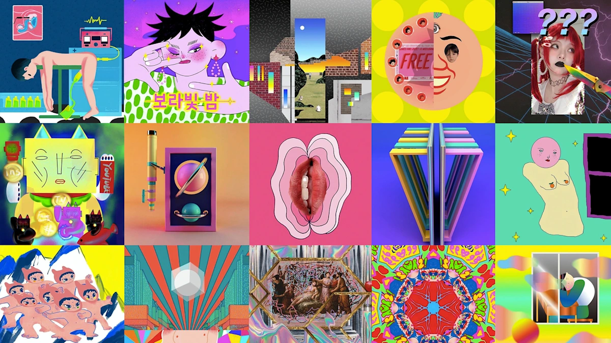 A collection of 12 pieces of student work in a grid format