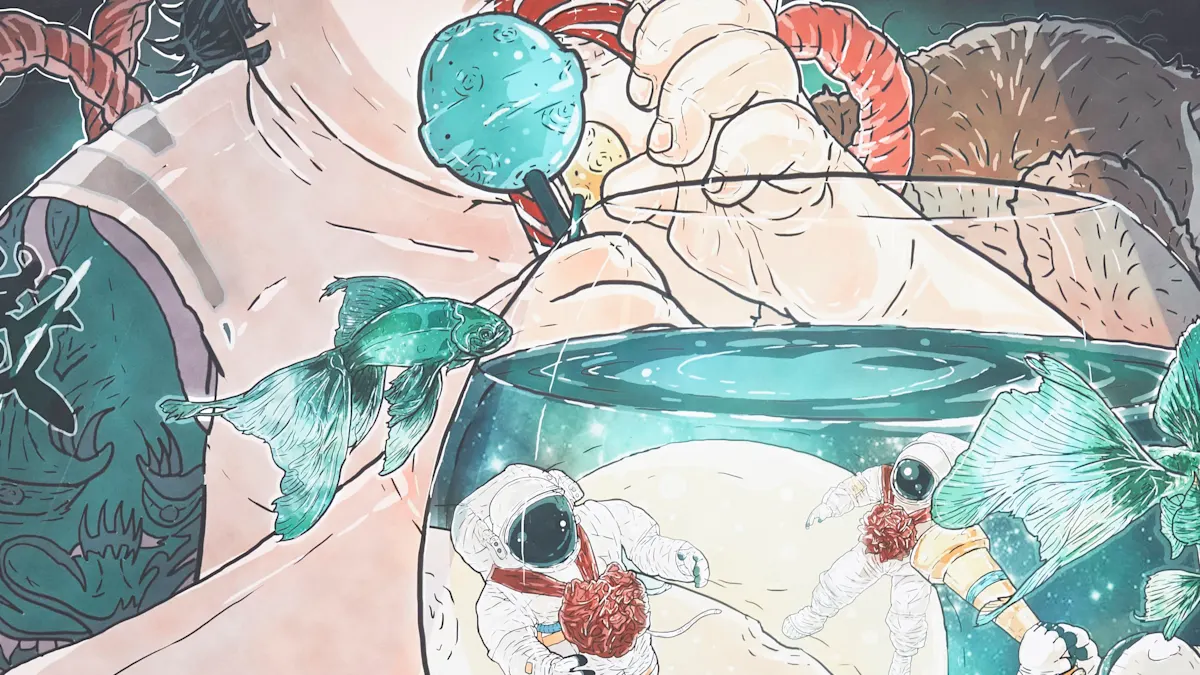 Illustration of a girl with a lollipop and a fish bowl with fish swimming outside the bowl and spacemen swimming in the bowl by Wei Guo - MA Illustration.