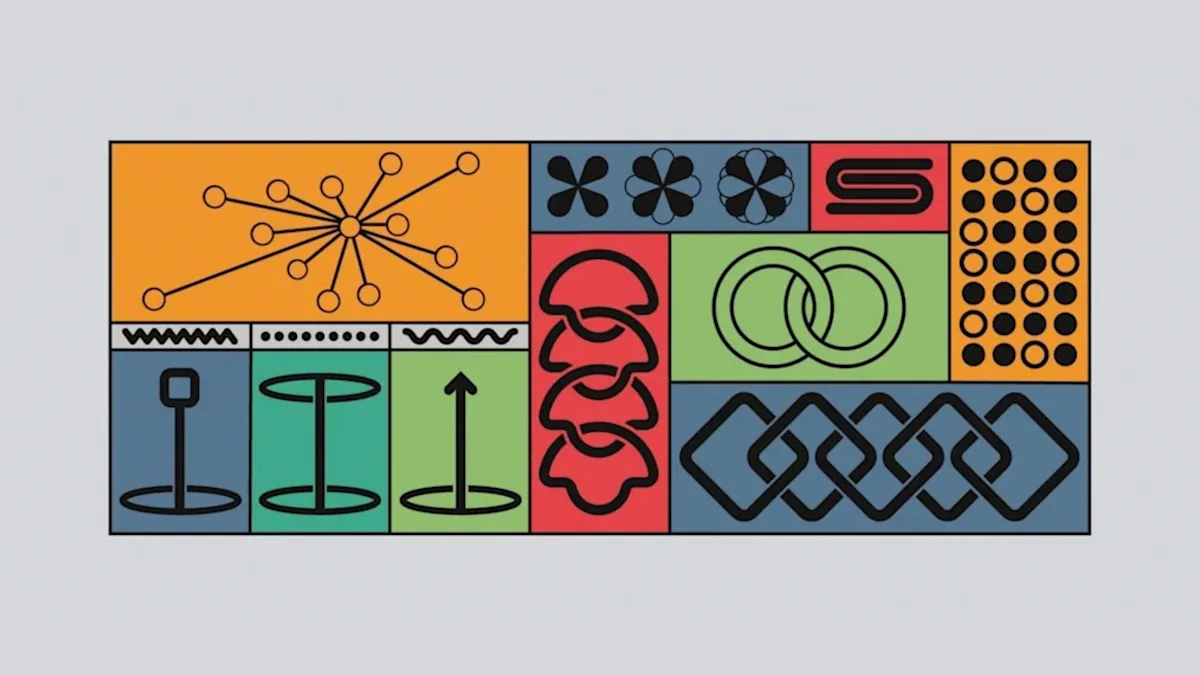 Coloured graphics and symbols positioned within rectangles
