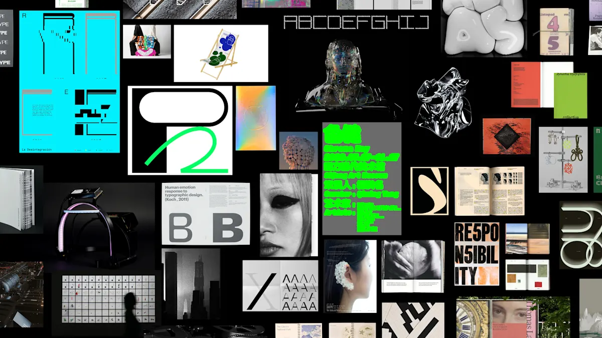 A selection of student graphic designs, against a black background.