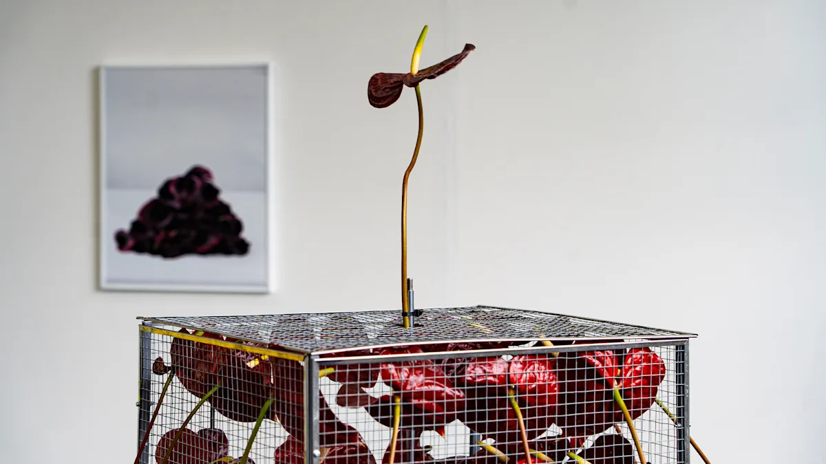 Wire-mesh sculpture filled with red flowers, with a single flower stem rising above and a framed photograph in the background.