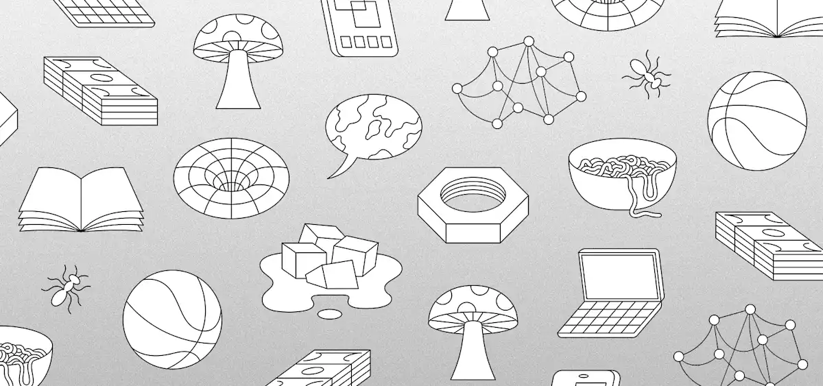Black and white graphic rendering of diverse objects and concepts arranged in a loose grid