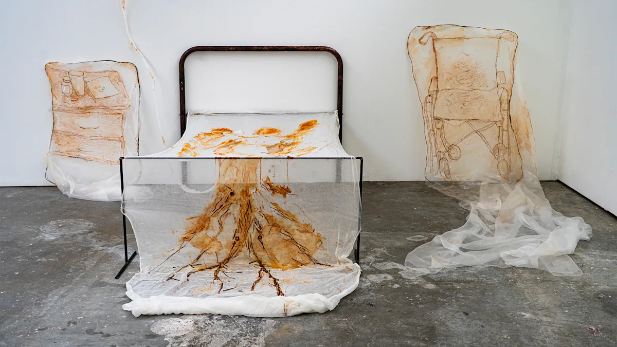Textile installation featuring a metal-framed bed draped with translucent fabric stained in earthy brown tones and stitched with root-like patterns. Semi-transparent fabric drawings of a bedside cabinet and a chair hang on either side against white gallery walls, with fabric trailing onto a concrete floor.