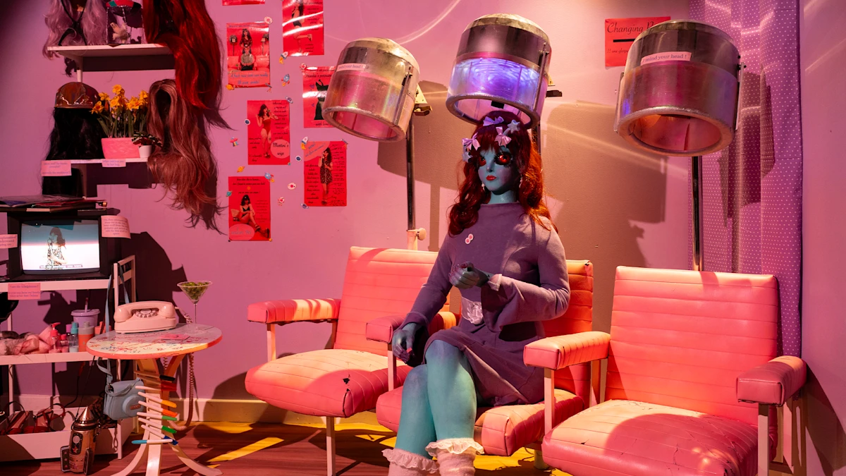 A retro-style salon with pink chairs, vintage hair dryers, and red lighting. A mannequin with blue skin and floral accessories sits, creating a whimsical, nostalgic vibe.