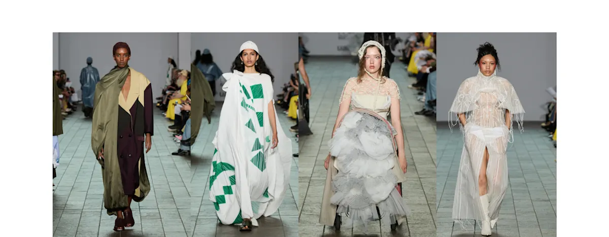 A collage of 4 portrait shots of models in avant-garde womenswear garments on the runway. One model is in a wheelchair, the others are walking.