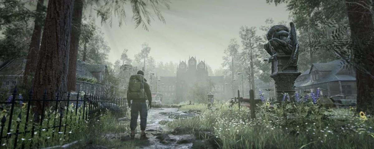 Still of animation showing a figure of a solider standing in a graveyard.