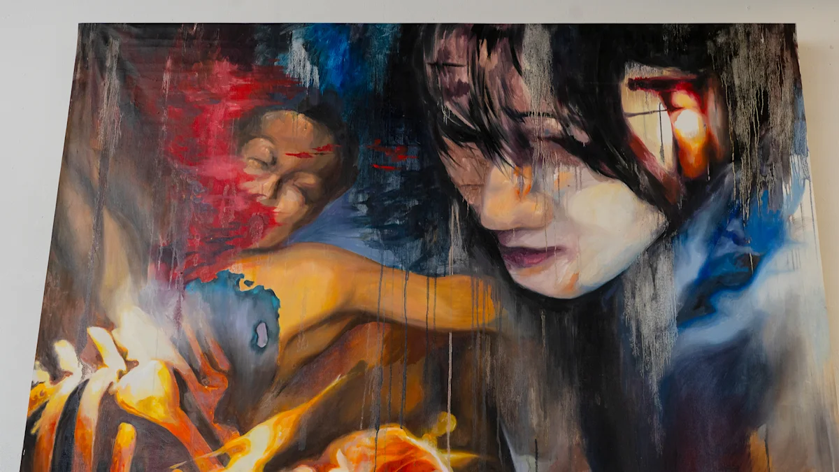 Expressive painting of two blurred faces layered with dark blue, black and red tones, with bright orange flame-like forms across the foreground.