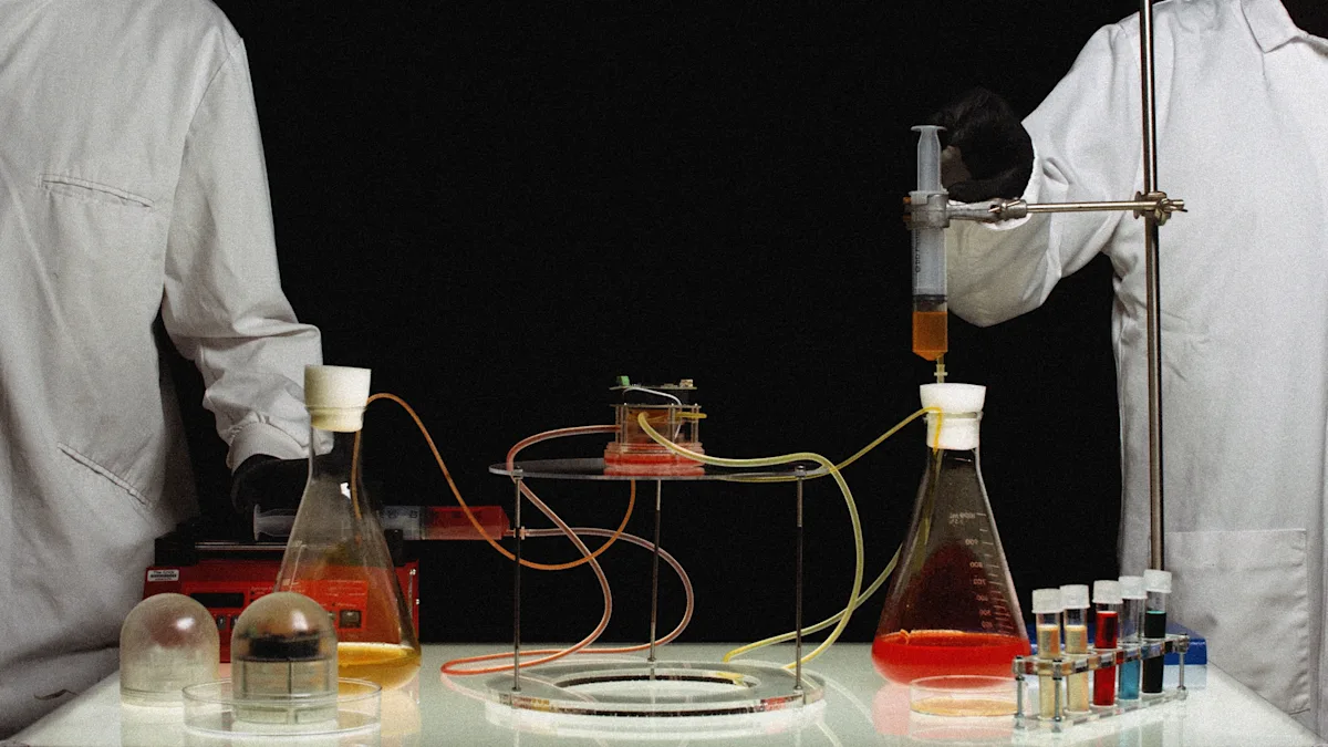 Two people wearing lab coats holding lab equipment