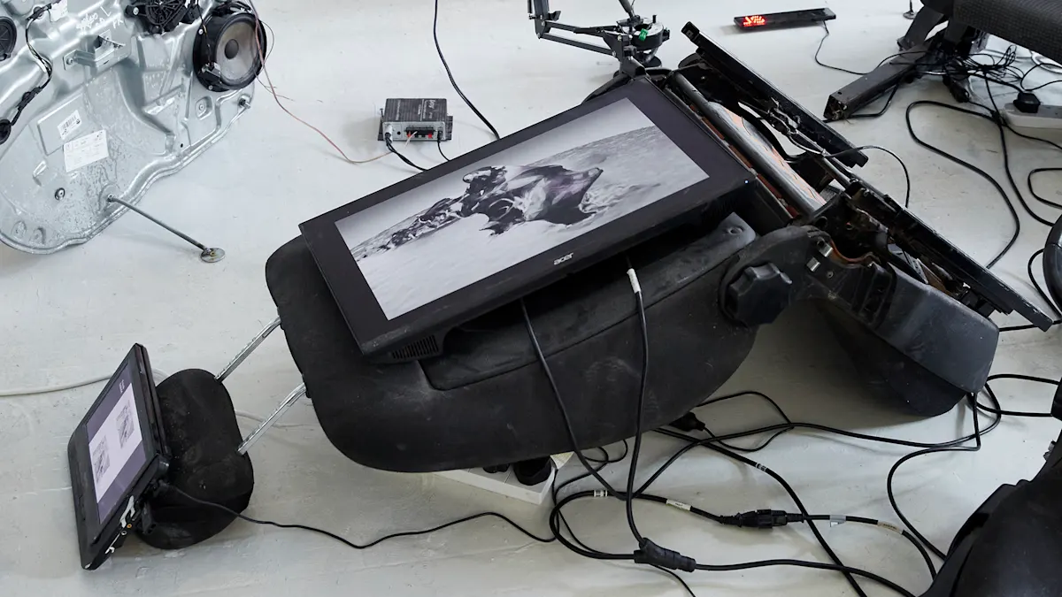 Car parts broken up across the gallery floor with digital screens added and inserted playing black and white images. Installation by Livia Harper - BA Fine Art