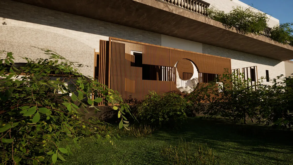 A modern house featuring a large window and a lush garden, showcasing contemporary architecture and greenery.
