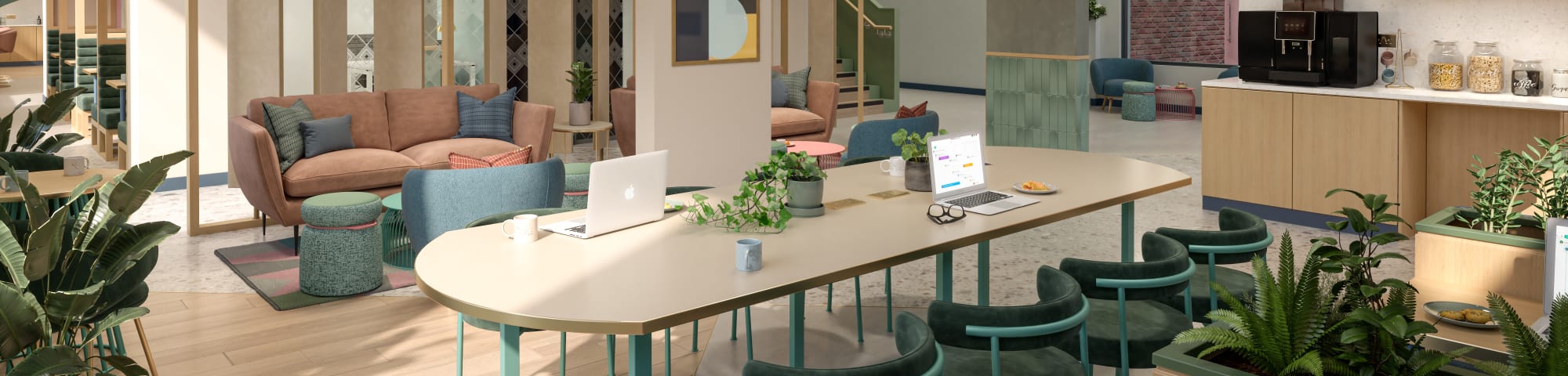 An illustration of a room with breakfast bar and soft furnishings