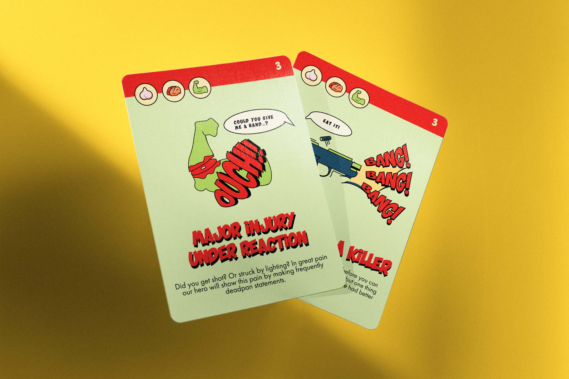 Cards depicting masculinity tropes: "Major Injury underreaction" and "Real Man is a Killer"