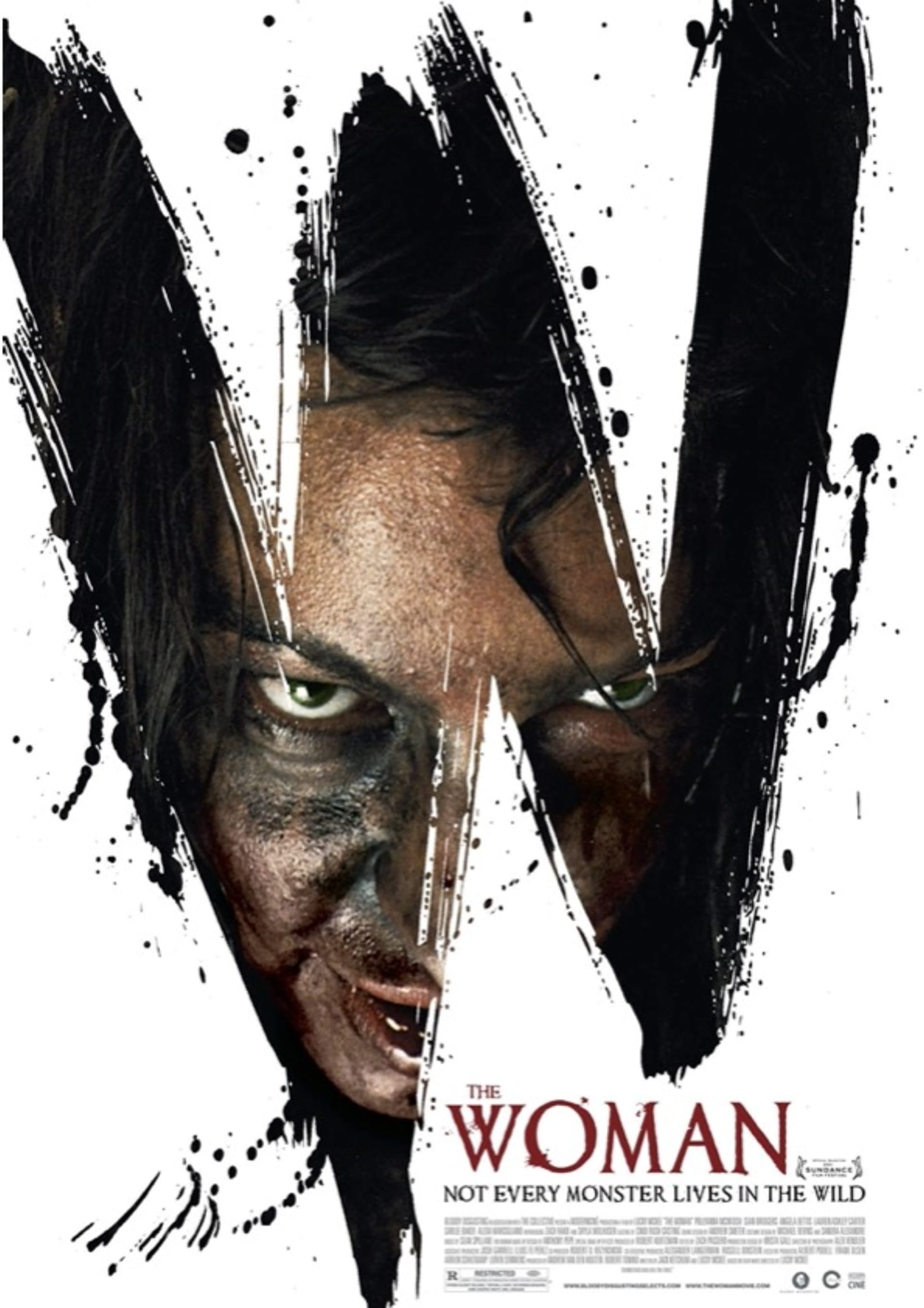 A film poster featuring a woman's face covered in dirt, she is angry and the poster looks ripped.