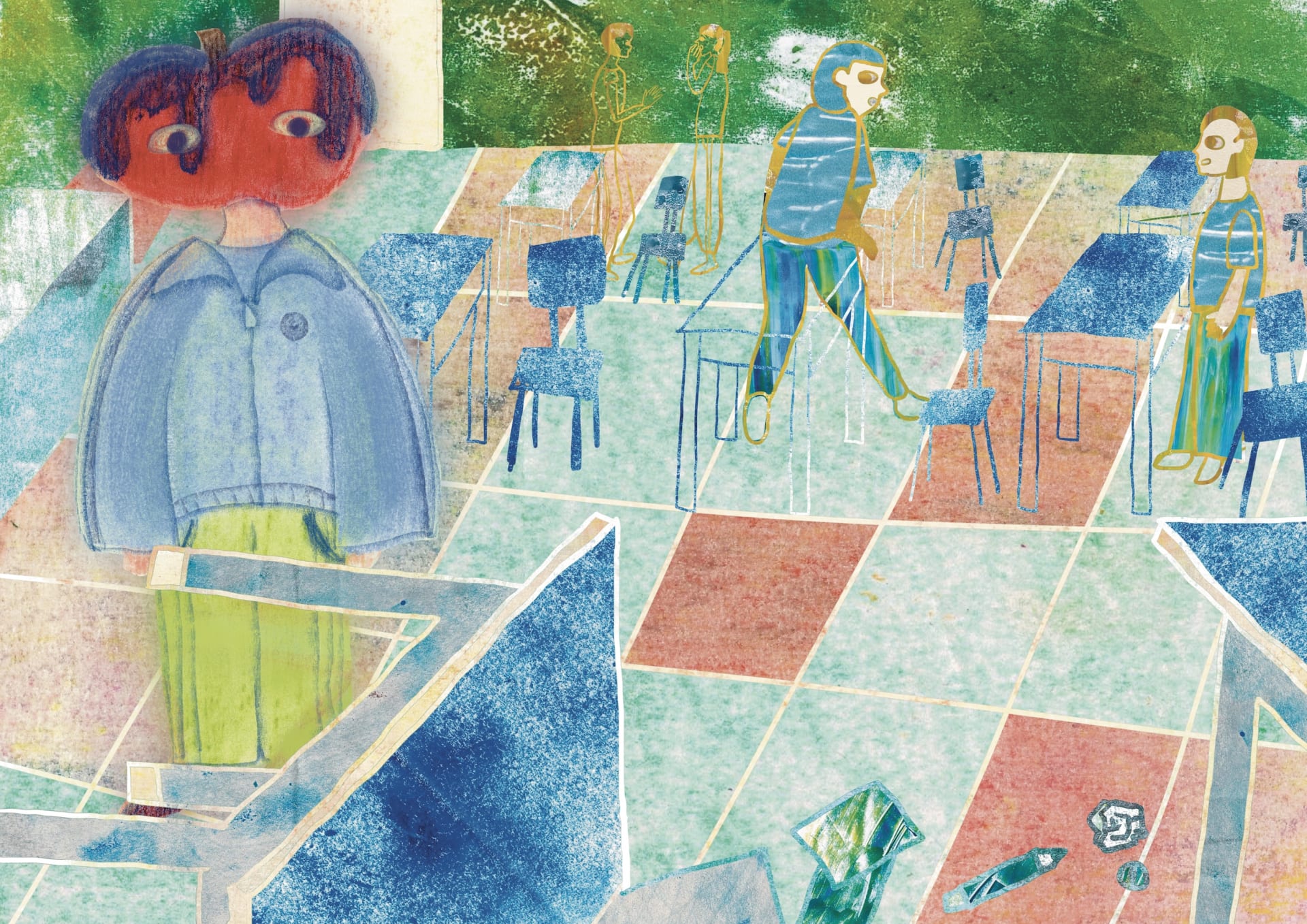 Her desk fell on the floor and the students next to her didn't care.
