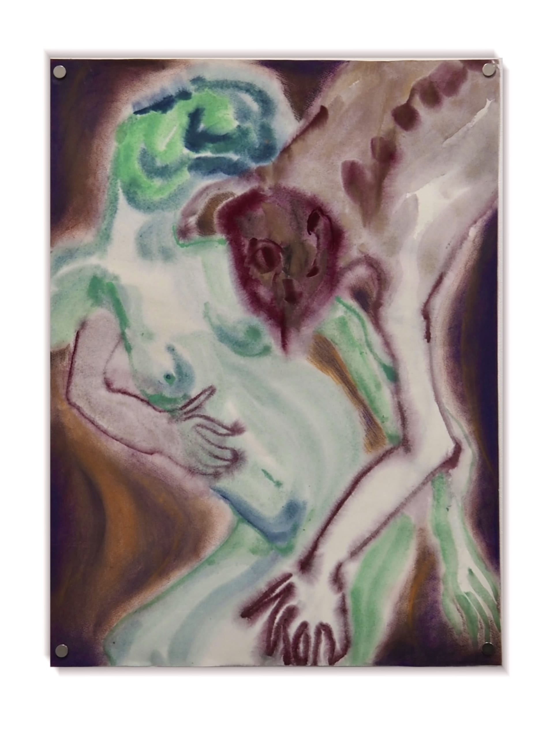 The vibrant and rich colors imply emotional expression, and using watercolor as a fluid medium, depict two people who want to touch or embrace. 