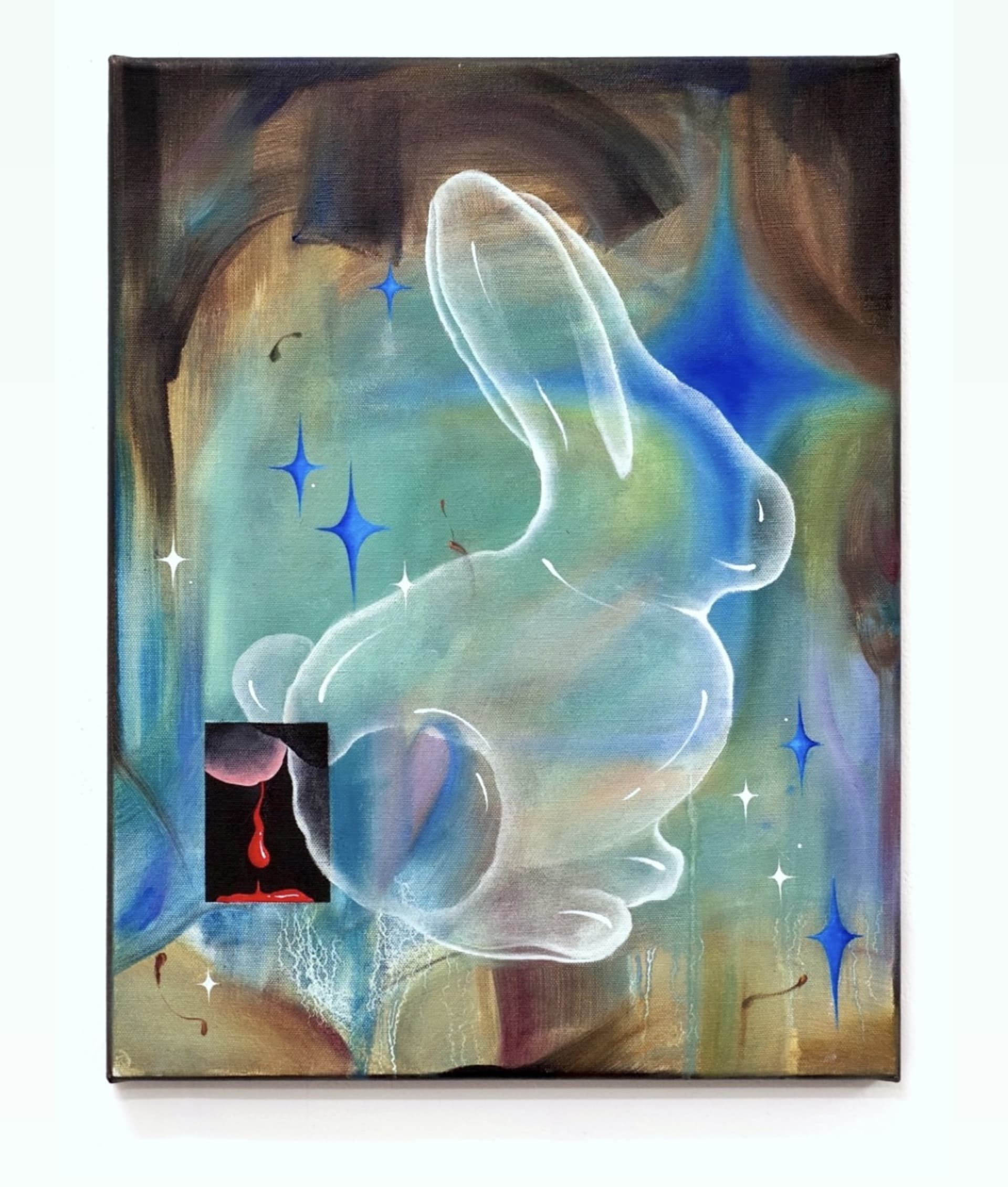 A white rabbit in the middle of the picture represents a woman.