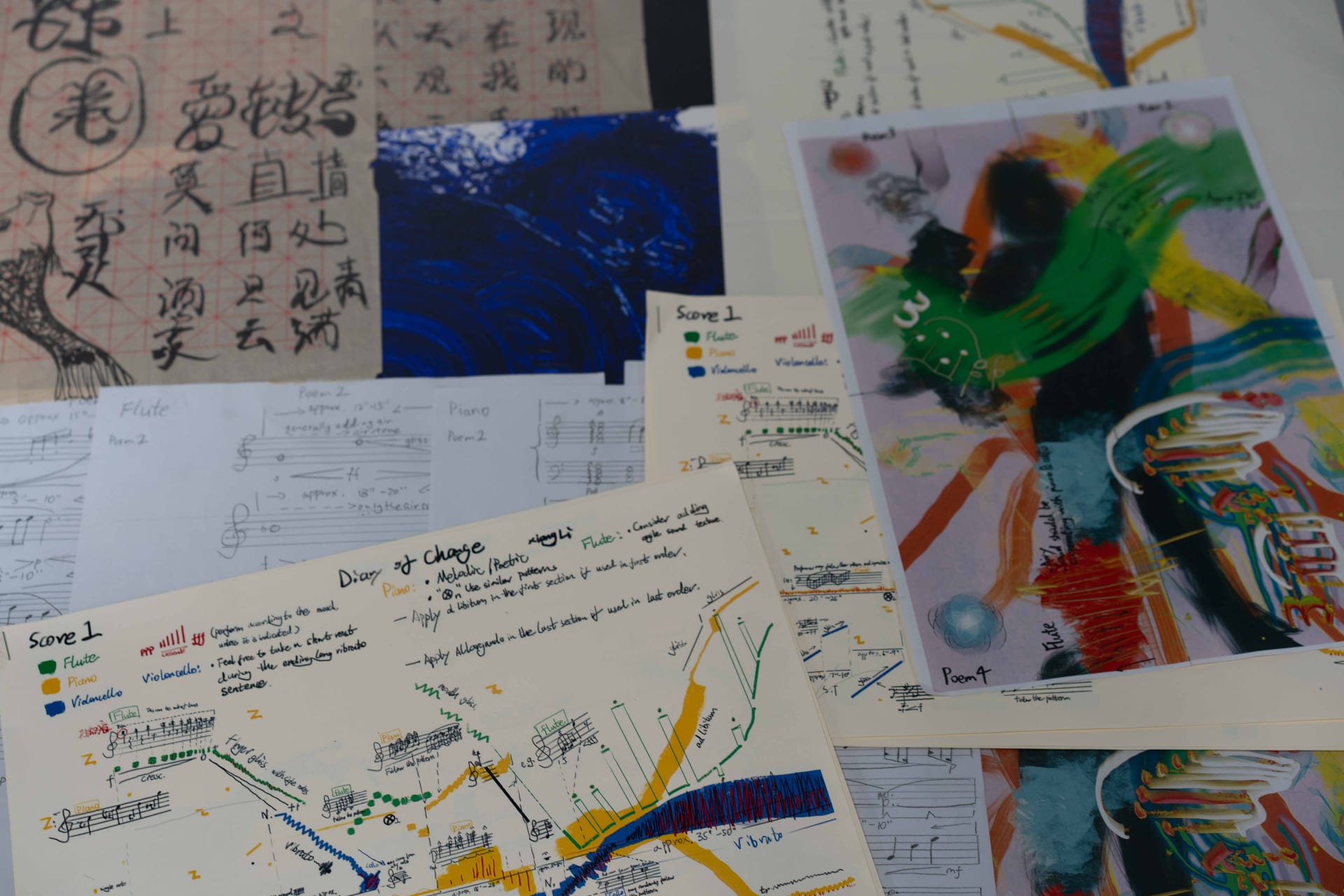 Documents display at the exhibition. This contains the original thoughts, texts, drawings, and music from day one. 