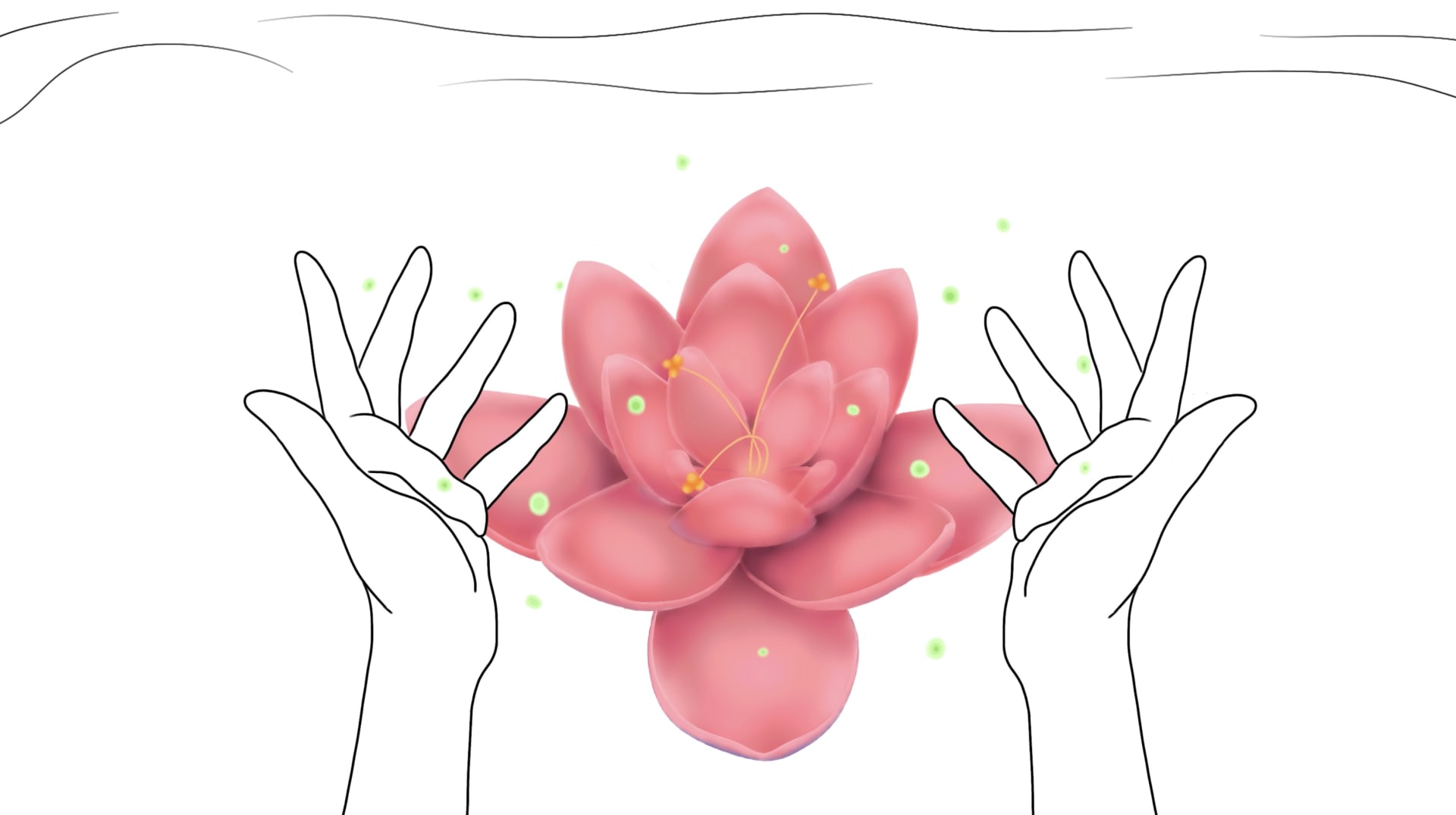 Hands outstretch before a pink flower with green magic particles around.